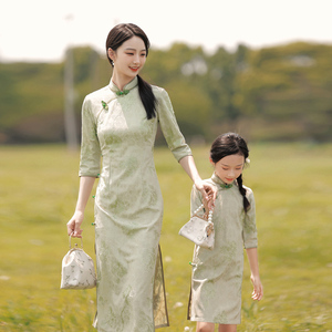 旗袍亲子装连衣裙春季新款中国风洋气母女装长袖小女孩古筝演出服