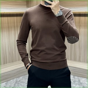 网红轻奢品质2023秋季新品男士纯色针织毛衣肘部拼接长袖圆领T恤