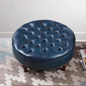 欧式真皮换鞋凳衣帽间凳子美式大圆凳客厅沙发凳脚踏深蓝色皮墩子