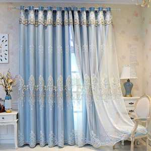 现货速发房间蓝色窗帘自带帘头欧式客厅奢华大气双层带纱大厅免打