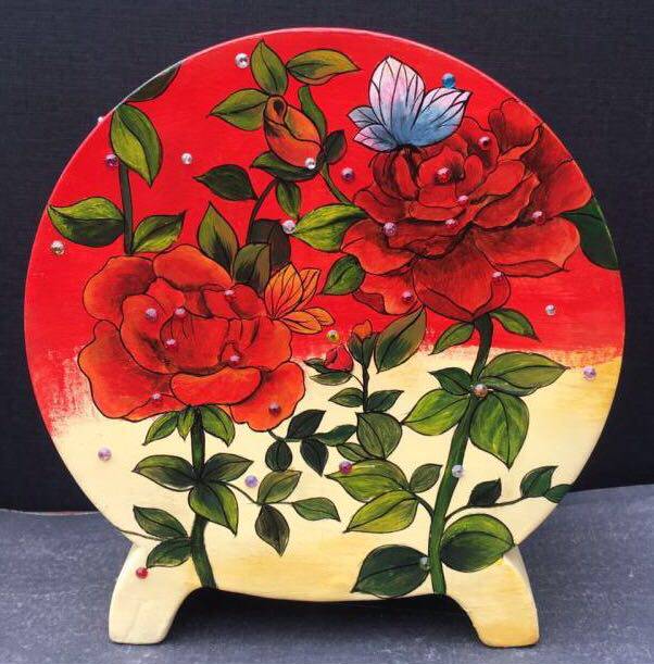 【雨萱手绘】纯手工绘画粗陶多肉花盆【异形口白绿色红花】