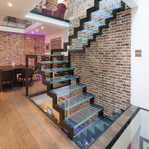  Double beam steel and wood stairs Indoor rotating duplex glass guardrail net red villa design custom household suspended attic