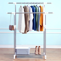 Double rod clothes hanger floor stainless steel folding indoor simple clothes hanger household balcony mobile clothes hanger