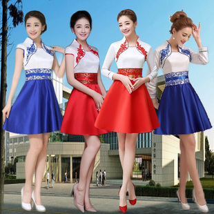 2017礼仪旗袍迎宾小姐服青花瓷迎宾服酒店礼仪服装迎宾礼服短