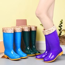 One-piece velvet rain boots rain shoes womens high tube bull tendon bottom non-slip warm waterproof shoes rubber shoes overshoes work kitchen