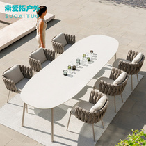 Nordic Outdoor Table And Chairs Rock Plate Combination Villa Patio Waterproof Sunscreen Open-air Long Table Outdoor Leisure Balcony Rattan