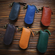 Handmade Retro-Rooted Tannic Head Layer Bull Leather Key Bag Men Genuine Leather Brief Zipped Bag Mini Waist Hanging Lock Spoon Bag