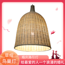 New wedding pendant ceiling straw hat birds nest lantern original ecological rattan art chandelier props background sign-in area