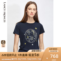 朗姿女装2020夏季休闲藏蓝色星空圆领薄款T恤女上衣商场专柜同款
