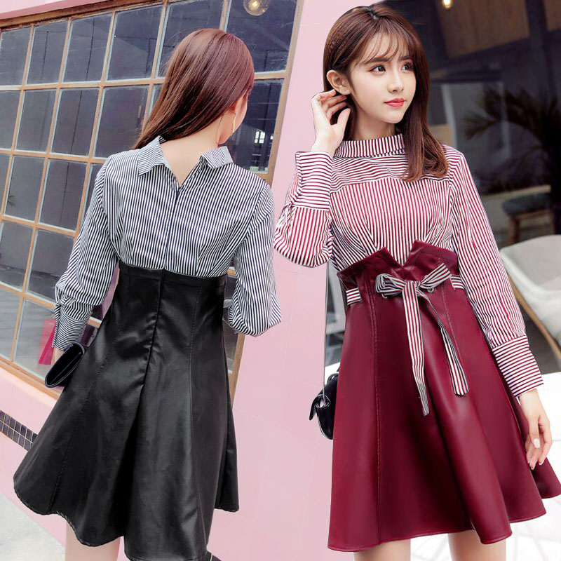 2018春款连衣裙新款女装条纹显瘦拼接高腰皮裙chic假两件套裙子潮