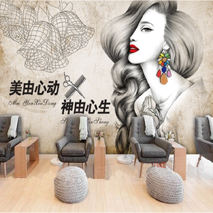 复古3d个性发型创意发廊美发壁纸装饰墙纸时尚理发店背景墙布壁画