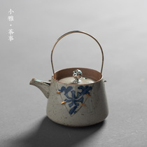 Blue and white beam pot Antique bronze handle pot teapot depicting gold ceramic home special kung fu tea set