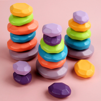 Rainbow stacked stone building block exercise baby children patient patience concentration toy hand eye coordination stability stacked high Music
