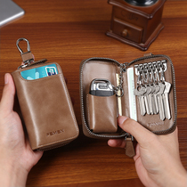 Retro Key Bag Men Genuine Leather Large Capacity Zip Key Containing Bag Creative Multifunction Car Bull Leather Lock Key Bag