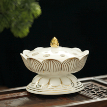 Chinese home Buddha Hall incense burner creative ceramic Sandwood pan incense burner white porcelain gold lotus incense burner to send incense stand