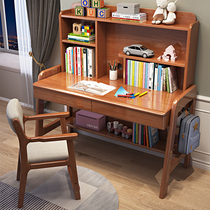 Full Solid Wood Desk Bookshelf Integrated Table Home Bedroom Student Writing Desk Can Lift Children Study Desk Multifunction