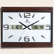 Bawang solid wood wall clock living room creative big watch electronic perpetual calendar quartz watch temperature and humidity double calendar wall watch