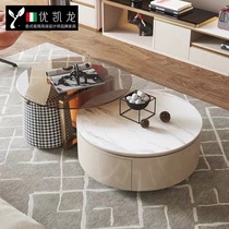 Light luxury Rock board round champagne coffee table TV cabinet combination modern simple home table living room small apartment