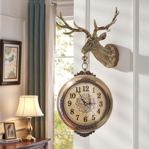 Living room European style double-sided deer head wall clock brass color silent American clock home Large Decoration two-sided quartz clock