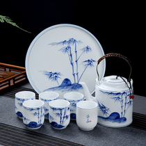 Blue and white porcelain tea set set household ceramic large capacity tea divider simple hand-painted tea cup supplies teapot tray