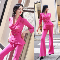 VJE spring suit collar fake two-piece jumpsuit 2020 new rose red slim waist jumpsuit flared pants