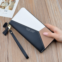 Womens hand wallet womens long three-color stitching contrast color temperament simple zipper mobile phone bag student wallet wallet
