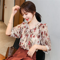 2020 summer New Short Sleeve Chiffon Shirt Top Women's Korean lace up Floral Chiffon shirt