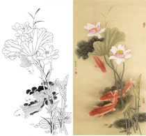 Meticulous fish White drawing drawing bottom manuscript painting lotus Carp Road rain year 66*123 physical white paper printed manuscript with color picture 046T