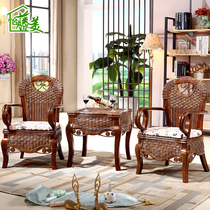 Balcony rattan chair tea table Three sets of solid wood real rattan choreography single chair home casual table and chairs tea table combination