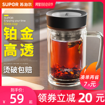 Supor double-layer glass with handle transparent portable crystal cup Office water cup mens and womens filter tea cup