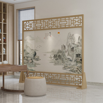 Chinese screen partition modern simple living room hotel office solid wood porch semi-transparent ink landscape cover seat screen