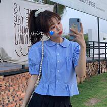 Summer 2020 new Korean version of French doll collar plaid shirt female design sense niche foreign style bubble sleeve top