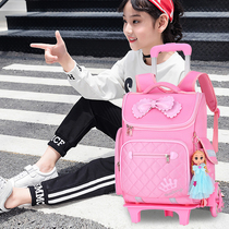 Primary school student trolley school bag girl 6-12 years old removable childrens drag backpack six-wheeled waterproof climbing floor