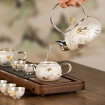 Silver pot sterling silver 999 kettle Yunnan pure handmade foot silver tea set set orchid gold silver teapot home