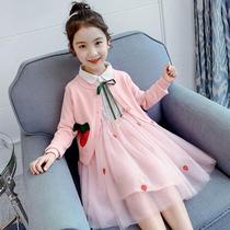  Korean girls autumn suit 2021 new Western style spring and autumn childrens knitted cardigan princess skirt two-piece set