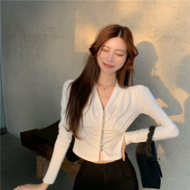 2021 spring and summer New Fashion base sexy long sleeve V collar single row Diamond decorative T-shirt Korean slim figure thin tide