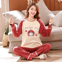 Womens autumn cotton pajamas womens long sleeve two-piece Korean spring and autumn leisure cartoon large size home clothing set women
