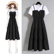 2021 new summer fake two-piece dress medium-long black stitching thin skirt large size womens fat MM