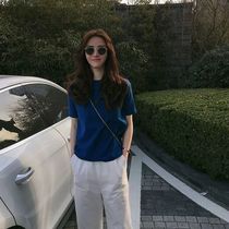 Blue short sleeve T-shirt female 2021 summer New loose half sleeve design sense niche wild cotton top