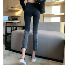 Gradient color after buckle design high waist jeans 2021 early Autumn New Port flavor fashion eight points pipe pants women tide