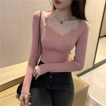 Slim leakage collarbone long sleeve knitwear coat women autumn and winter New 2021 vintage V-neck Joker slim base shirt