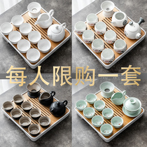 Household living room kung fu ceramic tea set Small set simple tea cup whole tray teapot water storage tea tray