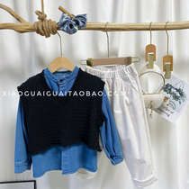 Girls Autumn Suite Ocean Childrens Clothes Spring and Autumn Childrens Cowboy Shirt Shirt Meet Red Childrens Clothes Two Pieces