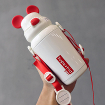  Korean cartoon straw thermos cup 316 stainless steel oblique cross dual-use water cup Cute portable childrens thermos cup