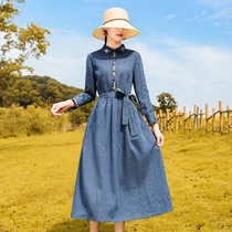 Denim blue waist long sleeve cotton linen dress female 2021 Spring and Autumn new long high end temperament linen skirt