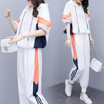Summer dress 2021 new casual sports suit female size loose age color color hooded top pants two-piece set