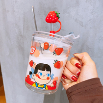 Cute glass with handle and straw Household water cup Anti-scalding milk Breakfast coffee Office with lid cup
