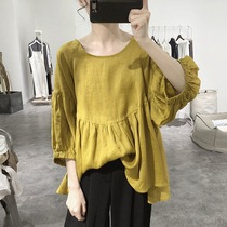 Cotton and hemp doll shirt womens 2021 summer loose large size five-point sleeve high waist thin pullover pleated lantern sleeve shirt