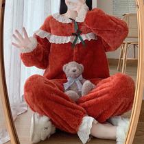 Coral fleece pajamas women in autumn and winter plus velvet padded French autumn and winter students can wear home clothing suits