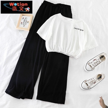 One-piece/two-piece suit female summer new student Korean version loose and thin Navel T-shirt casual wide-leg pants trend